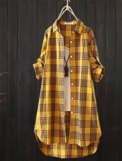 Hot Women's Cotton Linen Shirt Plaid Basic Casual Long Sleeve Shirt Collar Regular Tops Daily Buttons Print Yellow Red Green Summer Women Shirts
