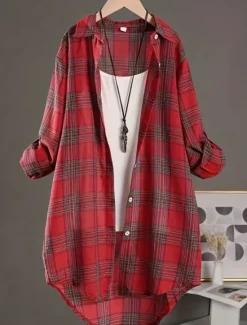 Hot Women's Cotton Linen Shirt Plaid Basic Casual Long Sleeve Shirt Collar Regular Tops Daily Buttons Print Yellow Red Green Summer Women Shirts