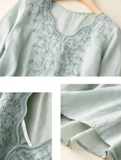 Outlet Women's Cotton Linen Shirts Solid Color Stylish Basic Casual 3/4 Length Sleeve V Neck Regular Tops Daily Embroidered Light Green Pink Purple Khaki Summer Women Shirts
