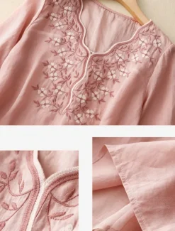 Outlet Women's Cotton Linen Shirts Solid Color Stylish Basic Casual 3/4 Length Sleeve V Neck Regular Tops Daily Embroidered Light Green Pink Purple Khaki Summer Women Shirts