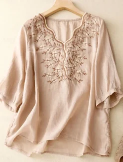 Outlet Women's Cotton Linen Shirts Solid Color Stylish Basic Casual 3/4 Length Sleeve V Neck Regular Tops Daily Embroidered Light Green Pink Purple Khaki Summer Women Shirts