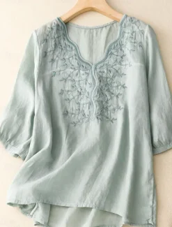 Outlet Women's Cotton Linen Shirts Solid Color Stylish Basic Casual 3/4 Length Sleeve V Neck Regular Tops Daily Embroidered Light Green Pink Purple Khaki Summer Women Shirts