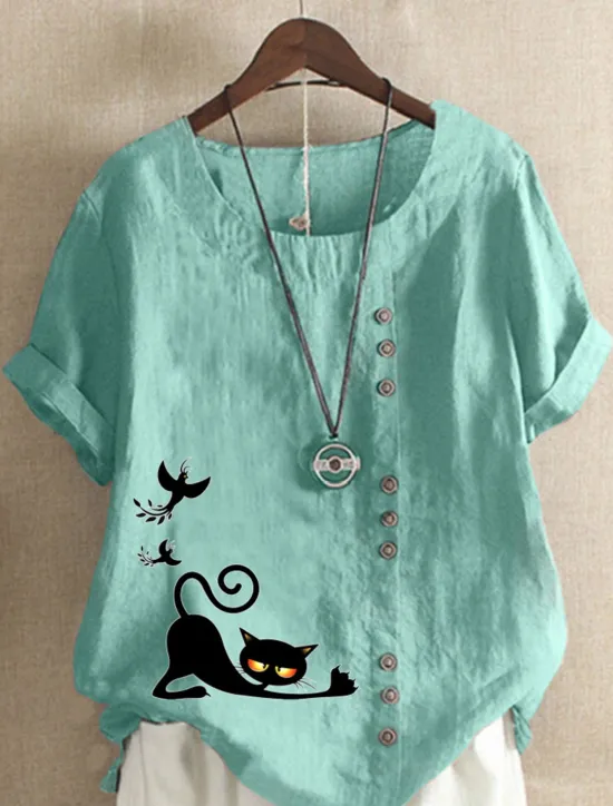 New Women's Cotton Linen Shirts Animal Cat Elegant Vintage Tropical Short Sleeve Crew Neck Regular Tops Daily Holiday Vacation Wear Buttons Grass Green White Yellow Army Green Navy Blue Summer Spring Women Shirts