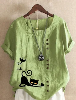 New Women's Cotton Linen Shirts Animal Cat Elegant Vintage Tropical Short Sleeve Crew Neck Regular Tops Daily Holiday Vacation Wear Buttons Grass Green White Yellow Army Green Navy Blue Summer Spring Women Shirts