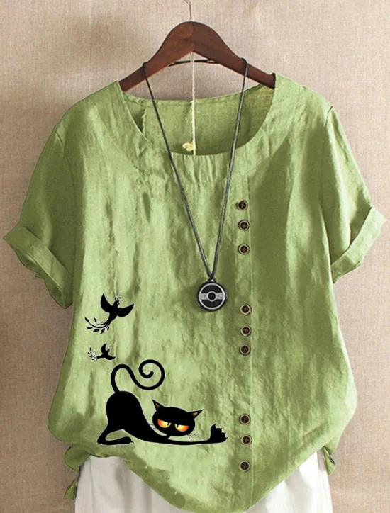 New Women's Cotton Linen Shirts Animal Cat Elegant Vintage Tropical Short Sleeve Crew Neck Regular Tops Daily Holiday Vacation Wear Buttons Grass Green White Yellow Army Green Navy Blue Summer Spring Women Shirts
