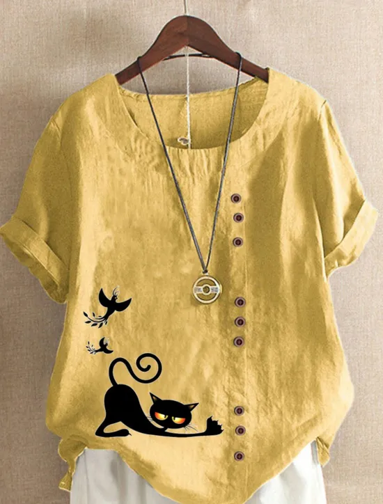 New Women's Cotton Linen Shirts Animal Cat Elegant Vintage Tropical Short Sleeve Crew Neck Regular Tops Daily Holiday Vacation Wear Buttons Grass Green White Yellow Army Green Navy Blue Summer Spring Women Shirts