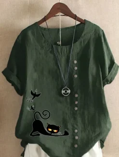 New Women's Cotton Linen Shirts Animal Cat Elegant Vintage Tropical Short Sleeve Crew Neck Regular Tops Daily Holiday Vacation Wear Buttons Grass Green White Yellow Army Green Navy Blue Summer Spring Women Shirts
