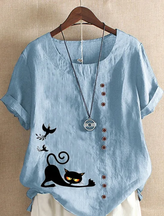 New Women's Cotton Linen Shirts Animal Cat Elegant Vintage Tropical Short Sleeve Crew Neck Regular Tops Daily Holiday Vacation Wear Buttons Grass Green White Yellow Army Green Navy Blue Summer Spring Women Shirts