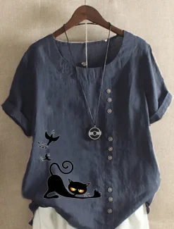 New Women's Cotton Linen Shirts Animal Cat Elegant Vintage Tropical Short Sleeve Crew Neck Regular Tops Daily Holiday Vacation Wear Buttons Grass Green White Yellow Army Green Navy Blue Summer Spring Women Shirts