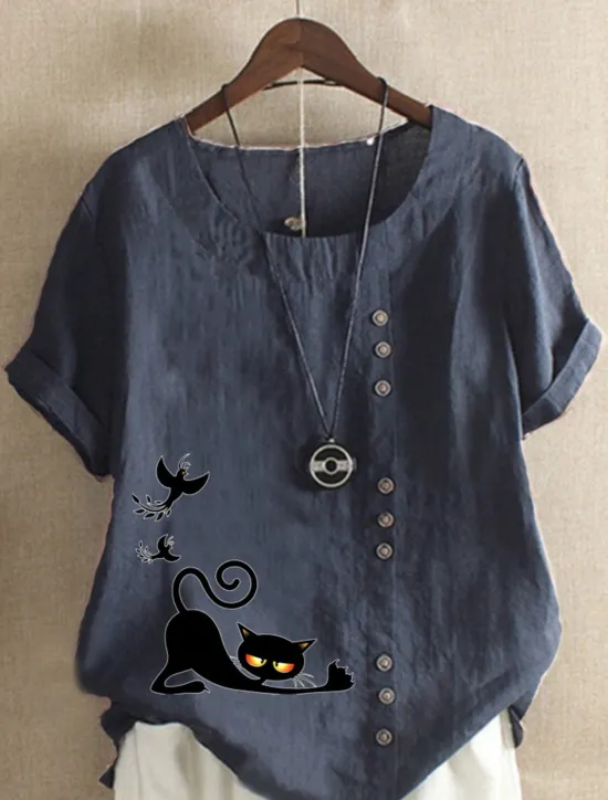 New Women's Cotton Linen Shirts Animal Cat Elegant Vintage Tropical Short Sleeve Crew Neck Regular Tops Daily Holiday Vacation Wear Buttons Grass Green White Yellow Army Green Navy Blue Summer Spring Women Shirts