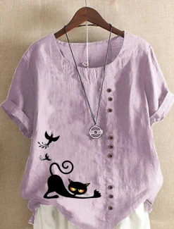 New Women's Cotton Linen Shirts Animal Cat Elegant Vintage Tropical Short Sleeve Crew Neck Regular Tops Daily Holiday Vacation Wear Buttons Grass Green White Yellow Army Green Navy Blue Summer Spring Women Shirts