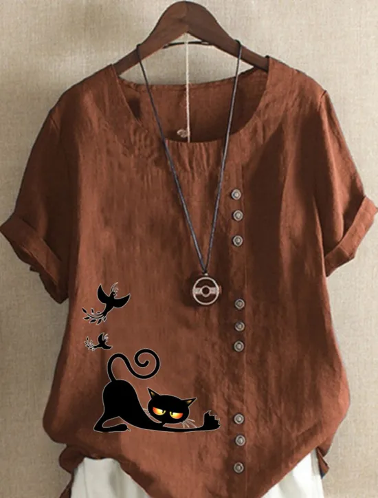 New Women's Cotton Linen Shirts Animal Cat Elegant Vintage Tropical Short Sleeve Crew Neck Regular Tops Daily Holiday Vacation Wear Buttons Grass Green White Yellow Army Green Navy Blue Summer Spring Women Shirts