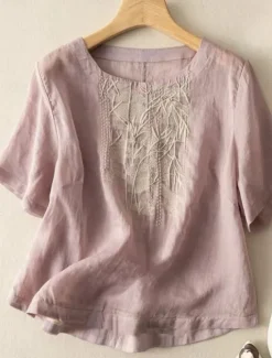 Women's Cotton Linen Shirts Solid Color Elegant Stylish Basic Short Sleeve Crew Neck Regular Tops Daily Embroidered Pink Purple Apricot Summer Spring Women Shirts