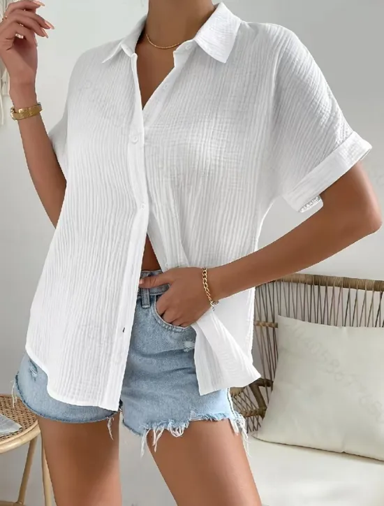 Sale Women's Cotton Linen Shirt Blouse Solid Color Elegant Casual Short Sleeve Shirt Collar Regular Tops Daily Holiday Buttons Summer Spring Women Shirts