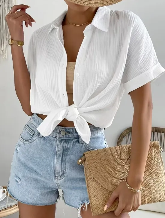 Sale Women's Cotton Linen Shirt Blouse Solid Color Elegant Casual Short Sleeve Shirt Collar Regular Tops Daily Holiday Buttons Summer Spring Women Shirts