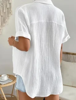 Sale Women's Cotton Linen Shirt Blouse Solid Color Elegant Casual Short Sleeve Shirt Collar Regular Tops Daily Holiday Buttons Summer Spring Women Shirts