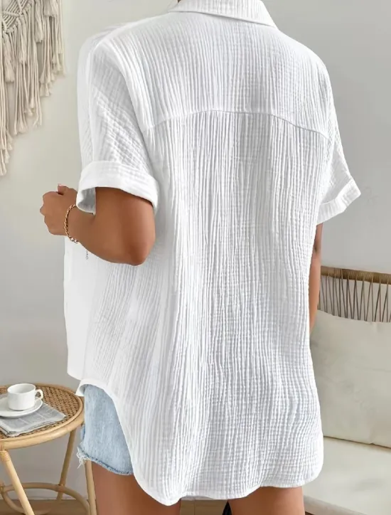 Sale Women's Cotton Linen Shirt Blouse Solid Color Elegant Casual Short Sleeve Shirt Collar Regular Tops Daily Holiday Buttons Summer Spring Women Shirts