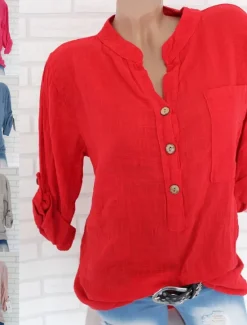 Women's Cotton Linen Shirts Solid Color Stylish Casual Long Sleeve V Neck Regular Tops Daily Buttons White Pink Red Blue Gray Summer Spring Women Shirts