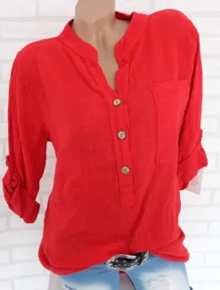Women's Cotton Linen Shirts Solid Color Stylish Casual Long Sleeve V Neck Regular Tops Daily Buttons White Pink Red Blue Gray Summer Spring Women Shirts