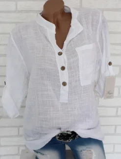 Women's Cotton Linen Shirts Solid Color Stylish Casual Long Sleeve V Neck Regular Tops Daily Buttons White Pink Red Blue Gray Summer Spring Women Shirts
