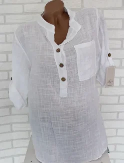 Women's Cotton Linen Shirts Solid Color Stylish Casual Long Sleeve V Neck Regular Tops Daily Buttons White Pink Red Blue Gray Summer Spring Women Shirts