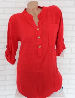 Women's Cotton Linen Shirts Solid Color Stylish Casual Long Sleeve V Neck Regular Tops Daily Buttons White Pink Red Blue Gray Summer Spring Women Shirts