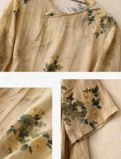 New Women's Cotton Linen Shirts Floral Casual 3/4 Length Sleeve Crew Neck Regular Tops Daily Buttons Print Yellow Pink Green Summer Women Shirts