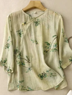 New Women's Cotton Linen Shirts Floral Casual 3/4 Length Sleeve Crew Neck Regular Tops Daily Buttons Print Yellow Pink Green Summer Women Shirts