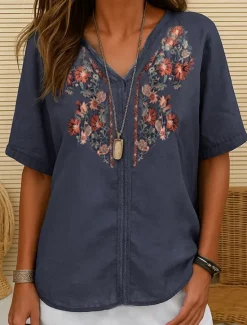Clearance Women's Cotton Linen Shirt embroidery Plants Elegant Vintage Fashion Short Sleeve V Neck Regular Tops Daily Going out Weekend Embroidered Red Navy Blue Light Brown Summer Spring Women Shirts
