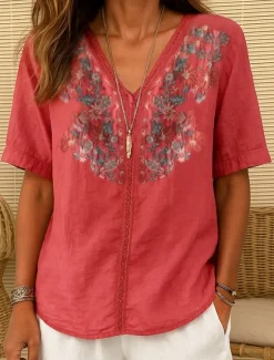 Clearance Women's Cotton Linen Shirt embroidery Plants Elegant Vintage Fashion Short Sleeve V Neck Regular Tops Daily Going out Weekend Embroidered Red Navy Blue Light Brown Summer Spring Women Shirts