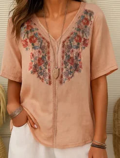 Clearance Women's Cotton Linen Shirt embroidery Plants Elegant Vintage Fashion Short Sleeve V Neck Regular Tops Daily Going out Weekend Embroidered Red Navy Blue Light Brown Summer Spring Women Shirts