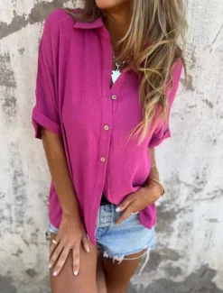 Hot Women's Cotton Linen Shirt Blouse Solid Color Elegant Casual Short Sleeve Shirt Collar Regular Tops Daily Holiday Buttons Black White Red Purple Khaki Summer Spring Women Shirts