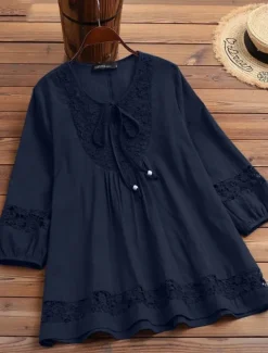 Sale Women's Cotton Linen Shirts Solid Color Stylish Casual 3/4 Length Sleeve V Neck Regular Tops Daily Lace Patchwork Black White Wine Navy Blue Summer Spring Women Shirts