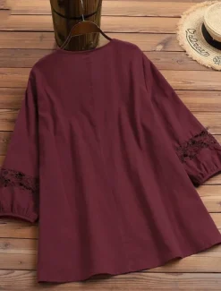 Sale Women's Cotton Linen Shirts Solid Color Stylish Casual 3/4 Length Sleeve V Neck Regular Tops Daily Lace Patchwork Black White Wine Navy Blue Summer Spring Women Shirts