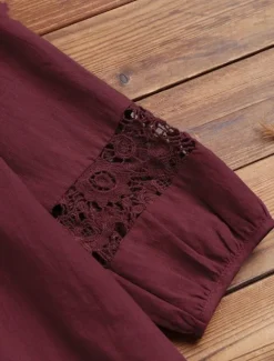 Sale Women's Cotton Linen Shirts Solid Color Stylish Casual 3/4 Length Sleeve V Neck Regular Tops Daily Lace Patchwork Black White Wine Navy Blue Summer Spring Women Shirts