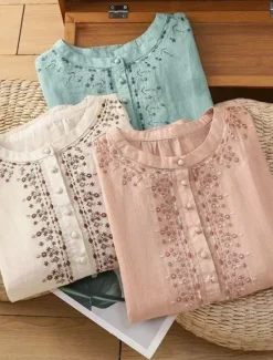 Discount Women's Cotton Linen Shirts Solid Color Basic Casual 3/4 Length Sleeve Crew Neck Regular Tops Daily Embroidered Buttons Pink Blue Apricot Summer Women Shirts