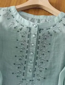 Discount Women's Cotton Linen Shirts Solid Color Basic Casual 3/4 Length Sleeve Crew Neck Regular Tops Daily Embroidered Buttons Pink Blue Apricot Summer Women Shirts