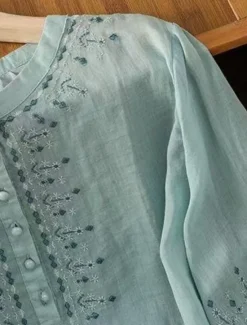 Discount Women's Cotton Linen Shirts Solid Color Basic Casual 3/4 Length Sleeve Crew Neck Regular Tops Daily Embroidered Buttons Pink Blue Apricot Summer Women Shirts
