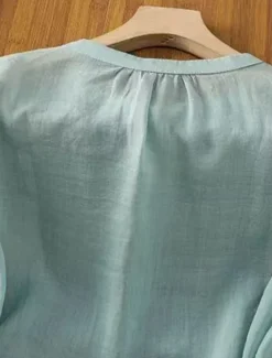 Discount Women's Cotton Linen Shirts Solid Color Basic Casual 3/4 Length Sleeve Crew Neck Regular Tops Daily Embroidered Buttons Pink Blue Apricot Summer Women Shirts