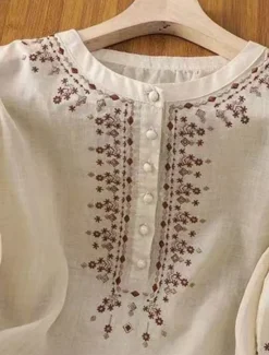 Discount Women's Cotton Linen Shirts Solid Color Basic Casual 3/4 Length Sleeve Crew Neck Regular Tops Daily Embroidered Buttons Pink Blue Apricot Summer Women Shirts
