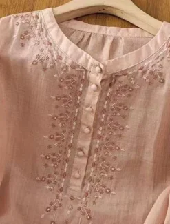 Discount Women's Cotton Linen Shirts Solid Color Basic Casual 3/4 Length Sleeve Crew Neck Regular Tops Daily Embroidered Buttons Pink Blue Apricot Summer Women Shirts