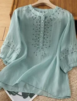 Discount Women's Cotton Linen Shirts Solid Color Basic Casual 3/4 Length Sleeve Crew Neck Regular Tops Daily Embroidered Buttons Pink Blue Apricot Summer Women Shirts