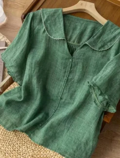 Hot Women's Cotton Linen Shirts Solid Color Basic Casual Short Sleeve Shirt Collar Regular Tops Daily Buttons White Pink Blue Orange Green Summer Spring Women Shirts