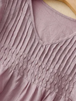 Online Women's Cotton Linen Shirts Solid Color Basic Casual Half Sleeve V Neck Regular Tops Daily White Pink Blue Purple Summer Women Shirts