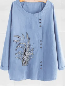 New Women's Cotton Linen Shirts Floral Basic Casual Long Sleeve Crew Neck Regular Tops Daily Embroidered Buttons Navy Blue Green Light Blue Summer Fall Women Shirts