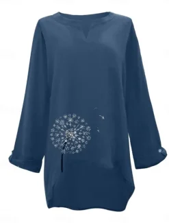 New Women's Cotton Linen Shirts Floral Basic Casual Long Sleeve Shirt Collar Regular Tops Daily Print Pink Navy Blue Fuchsia Green Summer Fall Women Shirts