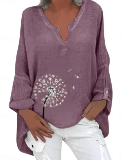 New Women's Cotton Linen Shirts Floral Basic Casual Long Sleeve Shirt Collar Regular Tops Daily Print Pink Navy Blue Fuchsia Green Summer Fall Women Shirts