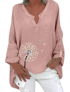 New Women's Cotton Linen Shirts Floral Basic Casual Long Sleeve Shirt Collar Regular Tops Daily Print Pink Navy Blue Fuchsia Green Summer Fall Women Shirts