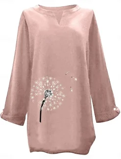 New Women's Cotton Linen Shirts Floral Basic Casual Long Sleeve Shirt Collar Regular Tops Daily Print Pink Navy Blue Fuchsia Green Summer Fall Women Shirts