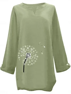 New Women's Cotton Linen Shirts Floral Basic Casual Long Sleeve Shirt Collar Regular Tops Daily Print Pink Navy Blue Fuchsia Green Summer Fall Women Shirts